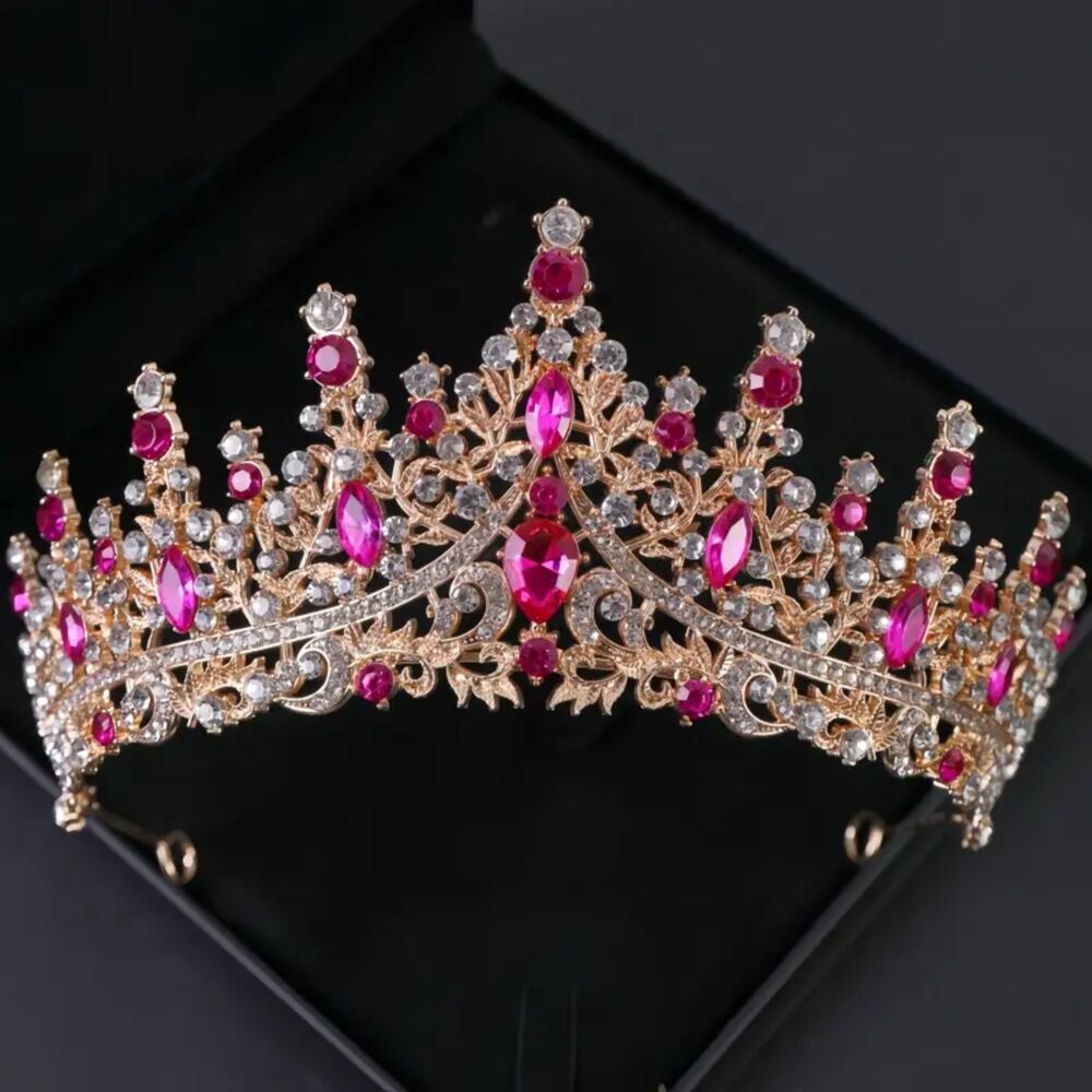 Wicked Silk Prom, Quinceanera Jeweled Crown Tiara Headband - Gold Hot Pink